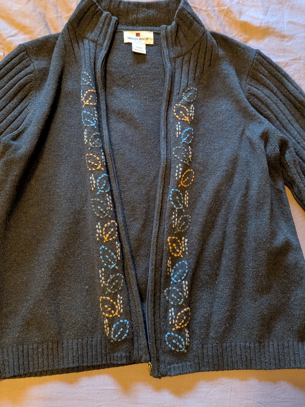 Woolrich Women's Black Embroidered Open-Front Sweater